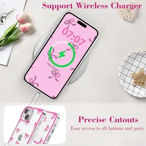 EYZUTAK Case for iPhone 15, Clear Cute Ribbon Bowknot Pattern Aesthetic Transparent Phone Case Raised Camera Protection Stylish Slim Soft Durable TPU Protective Cover for Women Girls - Rose Red - 5