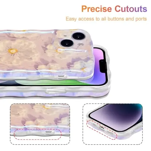 EYZUTAK Case for iPhone 15, Colorful Retro Oil Painting Flower Laser Glossy Pattern Cute Curly Wave Border Exquisite Phone Cover Stylish Durable TPU Protective Case for Girl Women - Light Purple - 5