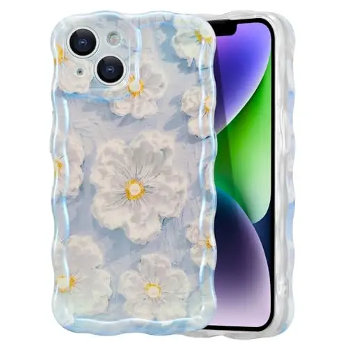 EYZUTAK Case for iPhone 15, Colorful Retro Oil Painting Flower Laser Glossy Pattern Cute Curly Wave Border Exquisite Phone Cover Stylish Durable TPU Protective Case for Girls Women - Light Blue - 1