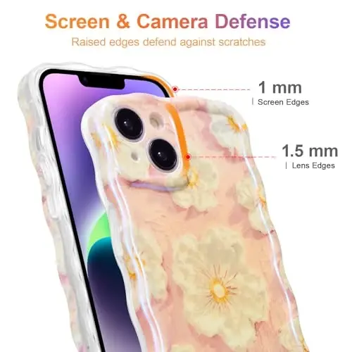 EYZUTAK Case for iPhone 15, Colorful Retro Oil Painting Flower Laser Glossy Pattern Cute Curly Wave Border Exquisite Phone Cover Stylish Durable TPU Protective Case for Girls Women - Light Pink - 4