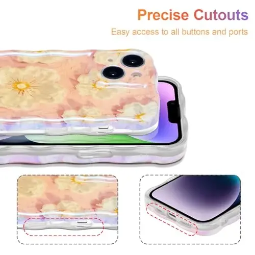 EYZUTAK Case for iPhone 15, Colorful Retro Oil Painting Flower Laser Glossy Pattern Cute Curly Wave Border Exquisite Phone Cover Stylish Durable TPU Protective Case for Girls Women - Light Pink - 5