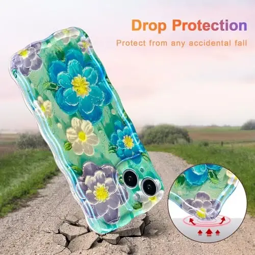 EYZUTAK Case for iPhone 15, Colorful Retro Oil Painting Flower Laser Glossy Pattern Cute Curly Wave Edge Exquisite Phone Cover Stylish Durable TPU Protective Case for Girl Women - Blue Purple - 3