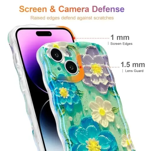 EYZUTAK Case for iPhone 15, Colorful Retro Oil Painting Flower Laser Glossy Pattern Cute Curly Wave Edge Exquisite Phone Cover Stylish Durable TPU Protective Case for Girl Women - Blue Purple - 4