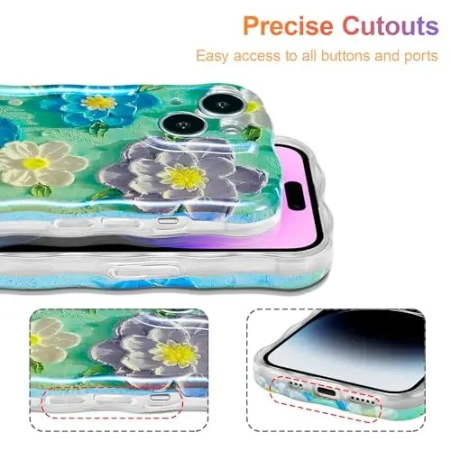 EYZUTAK Case for iPhone 15, Colorful Retro Oil Painting Flower Laser Glossy Pattern Cute Curly Wave Edge Exquisite Phone Cover Stylish Durable TPU Protective Case for Girl Women - Blue Purple - 5