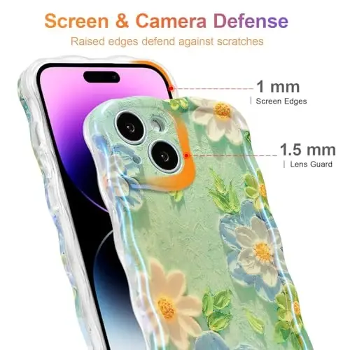 EYZUTAK Case for iPhone 15, Colorful Retro Oil Painting Flower Laser Glossy Pattern Cute Curly Wave Edge Exquisite Phone Cover Stylish Durable TPU Protective Case for Girl Women - Blue White - 4