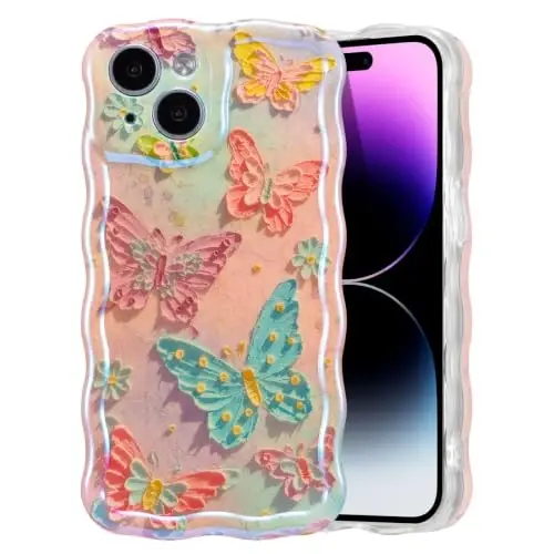 EYZUTAK Case for iPhone 15, Colorful Retro Oil Painting Flower Laser Glossy Pattern Cute Curly Wave Edge Exquisite Phone Cover Stylish Durable TPU Protective Case for Girl Women - Butterflies 