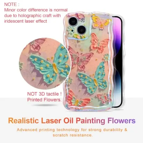 EYZUTAK Case for iPhone 15, Colorful Retro Oil Painting Flower Laser Glossy Pattern Cute Curly Wave Edge Exquisite Phone Cover Stylish Durable TPU Protective Case for Girl Women - Butterflies - 2