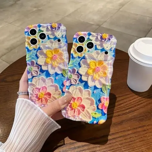 EYZUTAK Case for iPhone 15, Colorful Retro Oil Painting Flower Laser Glossy Pattern Cute Curly Wave Edge Exquisite Phone Cover Stylish Durable TPU Protective Case for Girl Women - White - 3