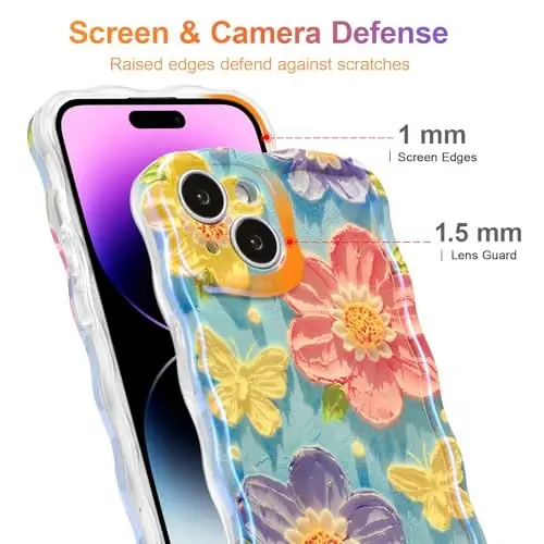 EYZUTAK Case for iPhone 15, Colorful Retro Oil Painting Flower Laser Glossy Pattern Cute Curly Wave Edge Exquisite Phone Cover Stylish Durable TPU Protective Case for Women - Butterfly Flower - 4