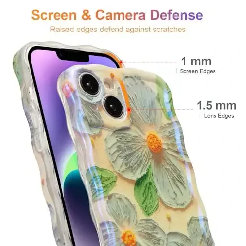 EYZUTAK Case for iPhone 15, Colorful Retro Oil Painting Flower Leaves Laser Glossy Pattern Cute Curly Waves Edge Exquisite Phone Cover Stylish Durable TPU Protective Case for Girls Women - Blue Green - 4
