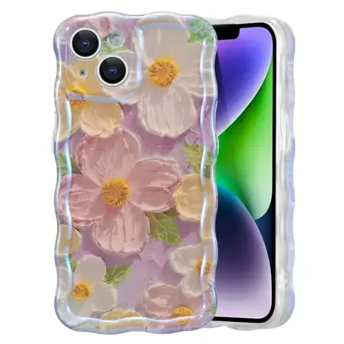 EYZUTAK Case for iPhone 15, Colorful Retro Oil Painting Printed Flower Laser Beam Glossy Pattern Cute Curly Waves Border Exquisite Phone Cover Stylish Durable TPU Protective Case for Girls Women -Pink 
