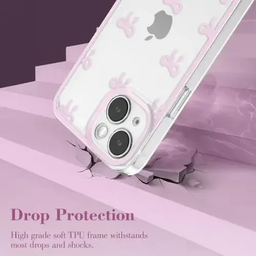 EYZUTAK Case for iPhone 15 Plus, Clear Cute Ribbon Bowknot Pattern Aesthetic Transparent Phone Case Raised Camera Protection Stylish Slim Soft Durable TPU Protective Cover for Women Girls - Pink - 2