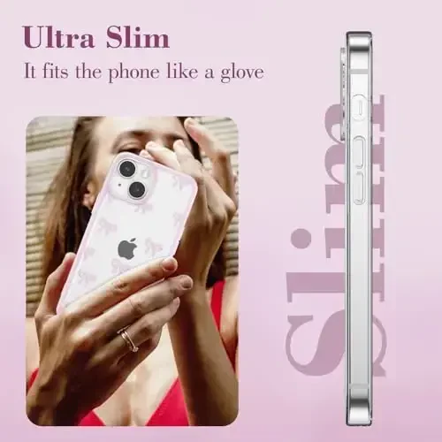 EYZUTAK Case for iPhone 15 Plus, Clear Cute Ribbon Bowknot Pattern Aesthetic Transparent Phone Case Raised Camera Protection Stylish Slim Soft Durable TPU Protective Cover for Women Girls - Pink - 3