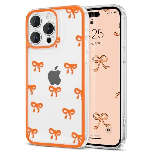 EYZUTAK Case for iPhone 15 Pro, Clear Cute Ribbon Bowknot Pattern Aesthetic Transparent Phone Case Raised Camera Protection Stylish Slim Soft Durable TPU Protective Cover for Women Girls - Orange 