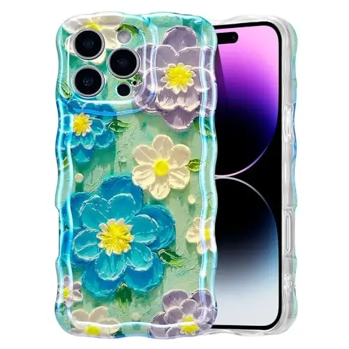 EYZUTAK Case for iPhone 15 Pro, Colorful Retro Oil Painting Flower Laser Glossy Pattern Cute Curly Wave Edge Exquisite Phone Cover Stylish Durable TPU Protective Case for Girl Women - Blue Purple - 1