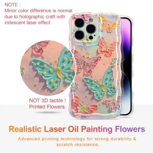 EYZUTAK Case for iPhone 15 Pro, Colorful Retro Oil Painting Flower Laser Glossy Pattern Cute Curly Wave Edge Exquisite Phone Cover Stylish Durable TPU Protective Case for Girl Women - Butterflies - 2