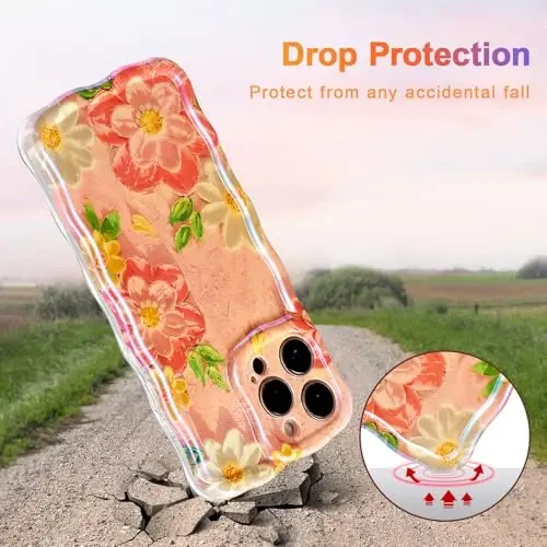 EYZUTAK Case for iPhone 15 Pro, Colorful Retro Oil Painting Flower Laser Glossy Pattern Cute Curly Wave Edge Exquisite Phone Cover Stylish Durable TPU Protective Case for Girl Women - Pink White - 3