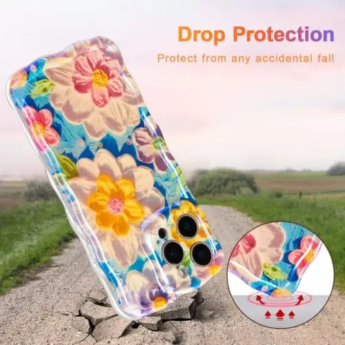 EYZUTAK Case for iPhone 15 Pro, Colorful Retro Oil Painting Flower Laser Glossy Pattern Cute Curly Wave Edge Exquisite Phone Cover Stylish Durable TPU Protective Case for Girl Women - White - 3