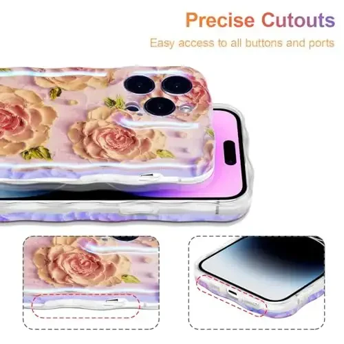 EYZUTAK Case for iPhone 15 Pro, Colorful Retro Oil Painting Flower Laser Glossy Pattern Cute Curly Waves Edge Exquisite Phone Cover Stylish Durable TPU Protective Case for Girls Women - Pink Peony - 5