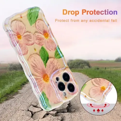 EYZUTAK Case for iPhone 15 Pro, Colorful Retro Oil Painting Flower Leaf Laser Glossy Pattern Cute Curly Wave Edge Exquisite Phone Cover Stylish Durable TPU Protective Case for Girls Women - Pink Green - 3