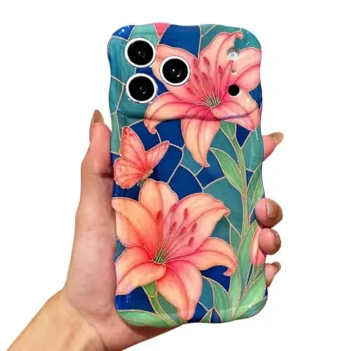 EYZUTAK Case for iPhone 15 Pro, Colorful Retro Oil Painting Flower, Lily | Laser Glossy Floral Pattern, Cute Curly Wave Edge, Exquisite Phone Cover, Stylish Durable TPU Protective Case for Girl Women - 1