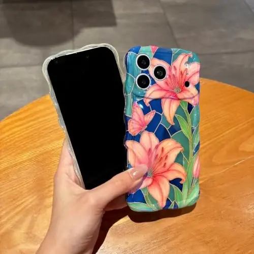 EYZUTAK Case for iPhone 15 Pro, Colorful Retro Oil Painting Flower, Lily | Laser Glossy Floral Pattern, Cute Curly Wave Edge, Exquisite Phone Cover, Stylish Durable TPU Protective Case for Girl Women - 3