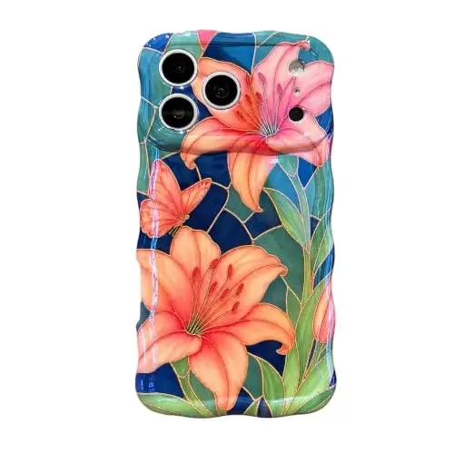 EYZUTAK Case for iPhone 15 Pro, Colorful Retro Oil Painting Flower, Lily | Laser Glossy Floral Pattern, Cute Curly Wave Edge, Exquisite Phone Cover, Stylish Durable TPU Protective Case for Girl Women - 6