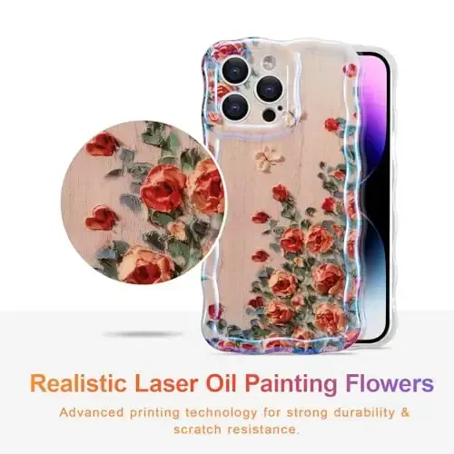 EYZUTAK Case for iPhone 15 Pro, Colorful Retro Oil Painting Printed Flower Laser Glossy Pattern Cute Curly Waves Border Exquisite Phone Cover Stylish Durable TPU Protective Case for Girls Women -Beige - 2