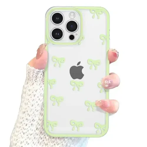 EYZUTAK Case for iPhone 15 Pro Max, Clear Cute Ribbon Bowknot Pattern Aesthetic Transparent Phone Case Raised Camera Protection Stylish Slim Soft Durable TPU Protective Cover for Women Girls - Green - 4