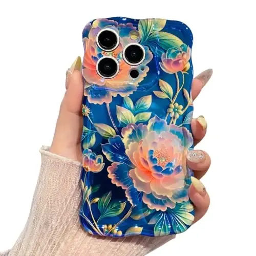 EYZUTAK Case for iPhone 15 Pro Max, Colorful Oil Painting Flower,Blue Peony | Laser Glossy Floral Pattern, Cute Curly Wave Edge, Exquisite Phone Cover, Stylish Durable TPU Protective Case for Girl Women 