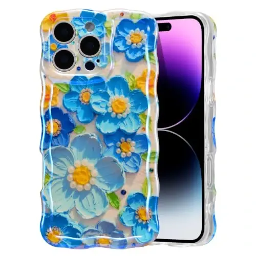 EYZUTAK Case for iPhone 15 Pro Max, Colorful Retro Oil Painting Flower Laser Glossy Pattern Cute Curly Wave Edge Exquisite Phone Cover Stylish Durable TPU Protective Case for Girl Women - Blue 