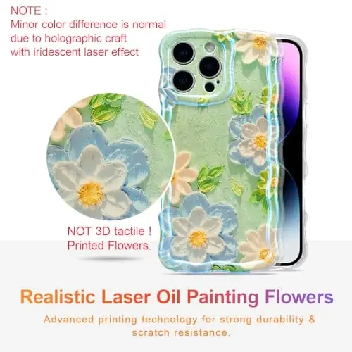 EYZUTAK Case for iPhone 15 Pro Max, Colorful Retro Oil Painting Flower Laser Glossy Pattern Cute Curly Wave Edge Exquisite Phone Cover Stylish Durable TPU Protective Case for Girl Women - Blue White - 2