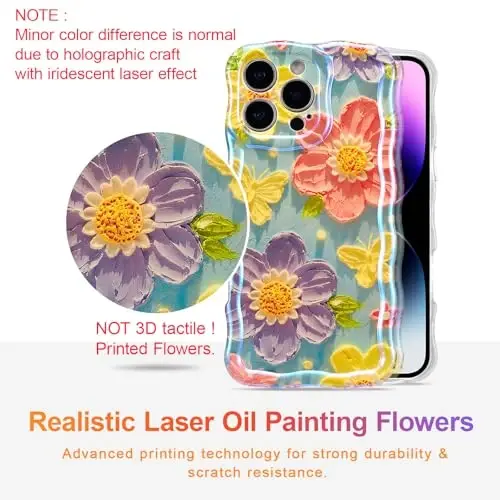 EYZUTAK Case for iPhone 15 Pro Max, Colorful Retro Oil Painting Flower Laser Glossy Pattern Cute Curly Wave Edge Exquisite Phone Cover Stylish Durable TPU Protective Case for Women - Butterfly Flower - 2