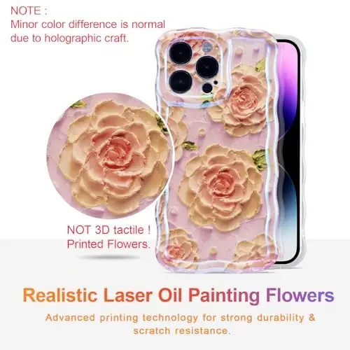 EYZUTAK Case for iPhone 15 Pro Max, Colorful Retro Oil Painting Flower Laser Glossy Pattern Cute Curly Waves Edge Exquisite Phone Cover Stylish Durable TPU Protective Case for Girls Women - Pink Peony - 2