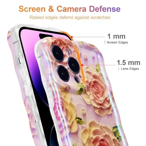 EYZUTAK Case for iPhone 15 Pro Max, Colorful Retro Oil Painting Flower Laser Glossy Pattern Cute Curly Waves Edge Exquisite Phone Cover Stylish Durable TPU Protective Case for Girls Women - Pink Peony - 4