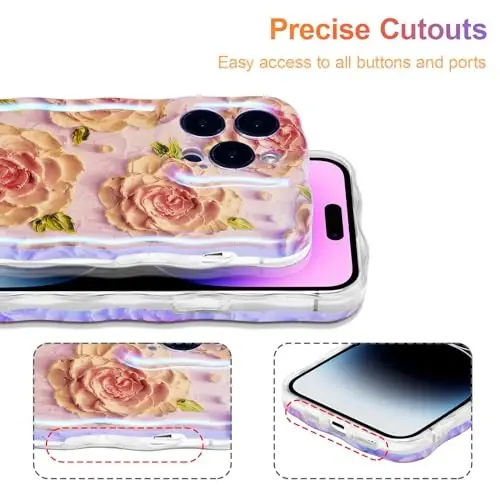 EYZUTAK Case for iPhone 15 Pro Max, Colorful Retro Oil Painting Flower Laser Glossy Pattern Cute Curly Waves Edge Exquisite Phone Cover Stylish Durable TPU Protective Case for Girls Women - Pink Peony - 5