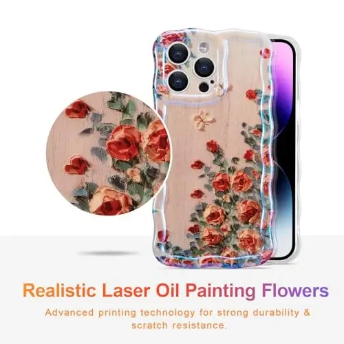 EYZUTAK Case for iPhone 15 Pro Max, Colorful Retro Oil Painting Printed Flower Laser Glossy Pattern Cute Curly Wave Edge Exquisite Phone Cover Stylish Durable TPU Protective Case for Girls Women-Beige - 2