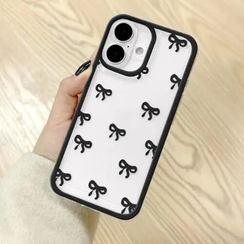 EYZUTAK Case for iPhone 16, Clear Cute Ribbon Bowknot Pattern Aesthetic Transparent Phone Case Raised Camera Protection Stylish Slim Soft Durable TPU Protective Cover for Women Girls - Black - EYZUTAK