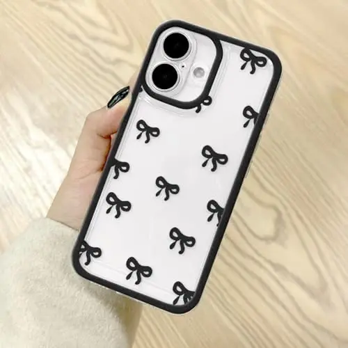 EYZUTAK Case for iPhone 16, Clear Cute Ribbon Bowknot Pattern Aesthetic Transparent Phone Case Raised Camera Protection Stylish Slim Soft Durable TPU Protective Cover for Women Girls - Black - 1