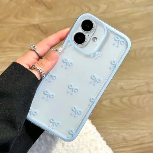 EYZUTAK Case for iPhone 16, Clear Cute Ribbon Bowknot Pattern Aesthetic Transparent Phone Case Raised Camera Protection Stylish Slim Soft Durable TPU Protective Cover for Women Girls - Blue - 1