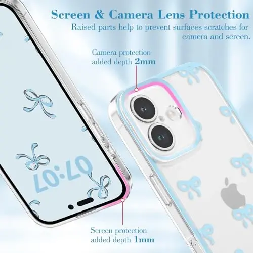 EYZUTAK Case for iPhone 16, Clear Cute Ribbon Bowknot Pattern Aesthetic Transparent Phone Case Raised Camera Protection Stylish Slim Soft Durable TPU Protective Cover for Women Girls - Blue - 2