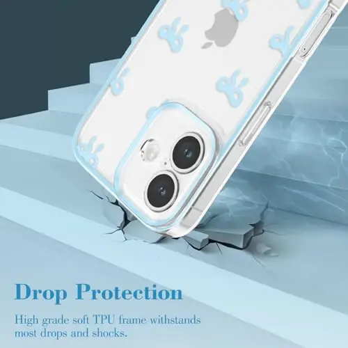EYZUTAK Case for iPhone 16, Clear Cute Ribbon Bowknot Pattern Aesthetic Transparent Phone Case Raised Camera Protection Stylish Slim Soft Durable TPU Protective Cover for Women Girls - Blue - 3
