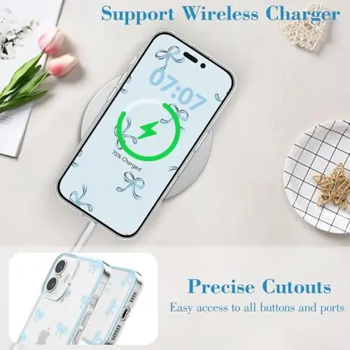 EYZUTAK Case for iPhone 16, Clear Cute Ribbon Bowknot Pattern Aesthetic Transparent Phone Case Raised Camera Protection Stylish Slim Soft Durable TPU Protective Cover for Women Girls - Blue - 5