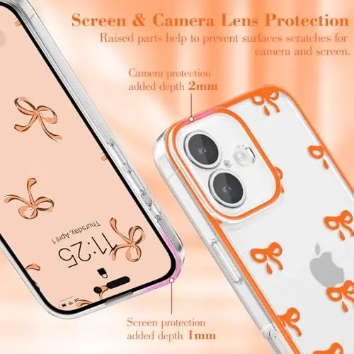 EYZUTAK Case for iPhone 16, Clear Cute Ribbon Bowknot Pattern Aesthetic Transparent Phone Case Raised Camera Protection Stylish Slim Soft Durable TPU Protective Cover for Women Girls - Orange - 2