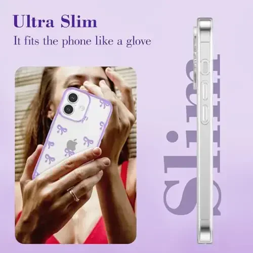EYZUTAK Case for iPhone 16, Clear Cute Ribbon Bowknot Pattern Aesthetic Transparent Phone Case Raised Camera Protection Stylish Slim Soft Durable TPU Protective Cover for Women Girls - Purple - 4