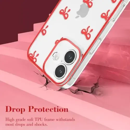EYZUTAK Case for iPhone 16, Clear Cute Ribbon Bowknot Pattern Aesthetic Transparent Phone Case Raised Camera Protection Stylish Slim Soft Durable TPU Protective Cover for Women Girls - Red - 10