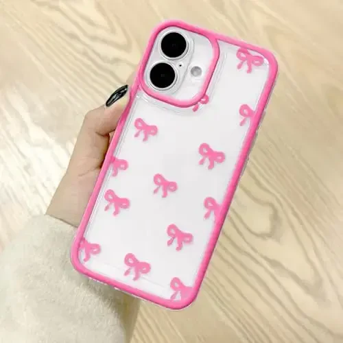 EYZUTAK Case for iPhone 16, Clear Cute Ribbon Bowknot Pattern Aesthetic Transparent Phone Case Raised Camera Protection Stylish Slim Soft Durable TPU Protective Cover for Women Girls - Rose Red 