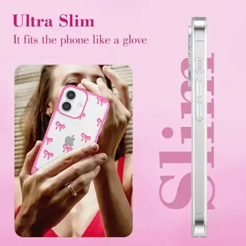 EYZUTAK Case for iPhone 16, Clear Cute Ribbon Bowknot Pattern Aesthetic Transparent Phone Case Raised Camera Protection Stylish Slim Soft Durable TPU Protective Cover for Women Girls - Rose Red - 4