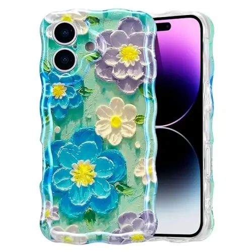EYZUTAK Case for iPhone 16, Colorful Retro Oil Painting Flower Laser Glossy Pattern Cute Curly Wave Edge Exquisite Phone Cover Stylish Durable TPU Protective Case for Girl Women - Blue Purple 