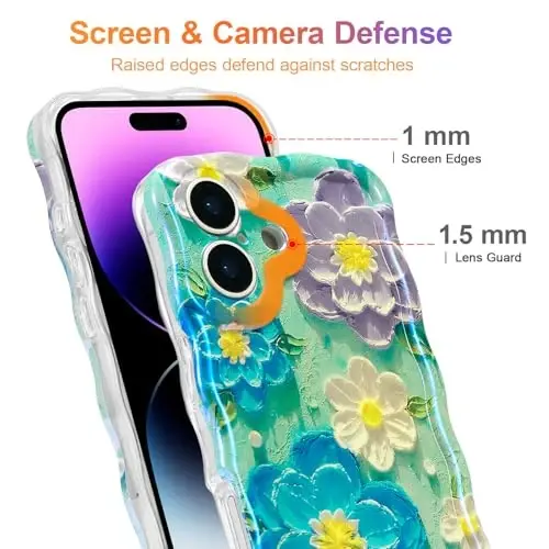 EYZUTAK Case for iPhone 16, Colorful Retro Oil Painting Flower Laser Glossy Pattern Cute Curly Wave Edge Exquisite Phone Cover Stylish Durable TPU Protective Case for Girl Women - Blue Purple - 4
